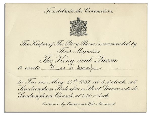 King George VI & Queen Elizabeth Invitation ''To Celebrate The Coronation'' at Sandringham Park Two Days After They Ascended the Throne