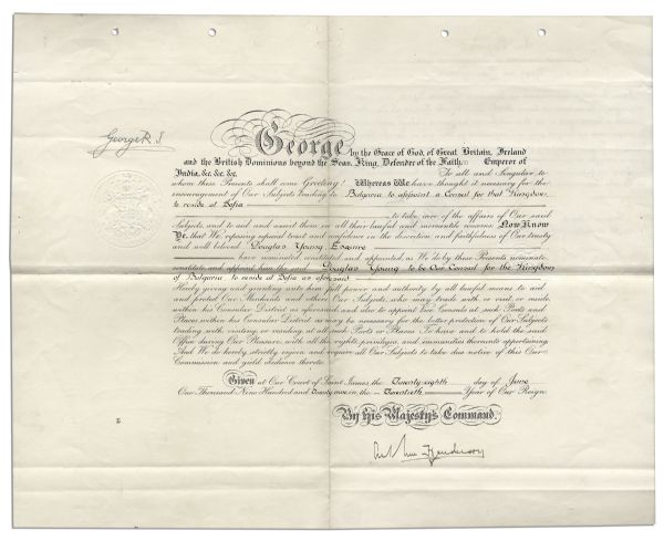 King George V 1929 Document Signed -- Large Document Measures 21'' x 16.5''