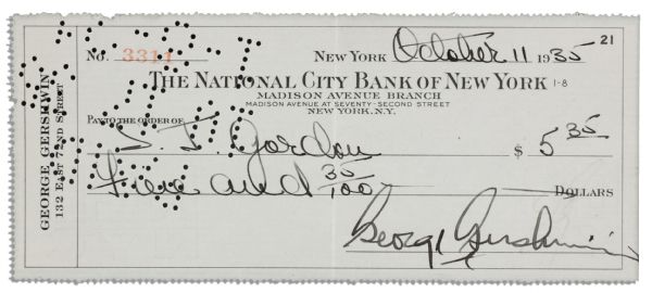 George Gershwin Personal Check Signed
