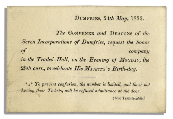 King George I Birthday Celebration Ticket From 1832