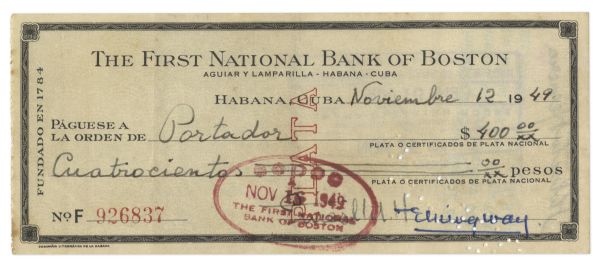 Ernest Hemingway Check Signed From 1949