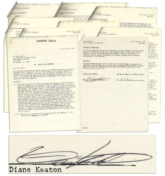 Diane Keaton ''Godfather'' Document Signed -- Pertaining to Her Work in ''The Godfather Part III'' in Italy