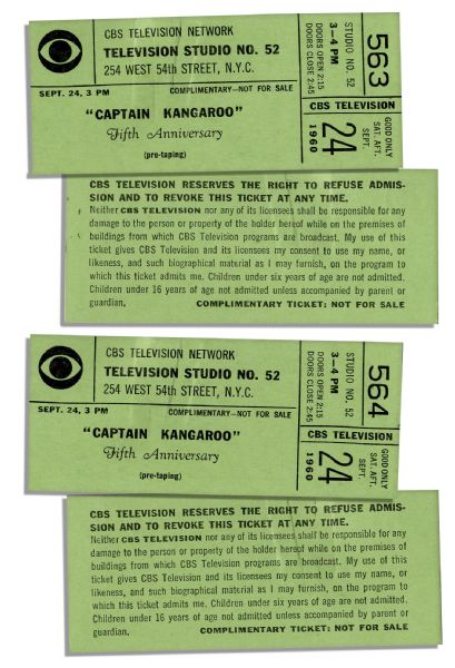Pair of Tickets to the 5th Anniversary Taping of Captain Kangaroo -- Personally Owned by Bob Keeshan