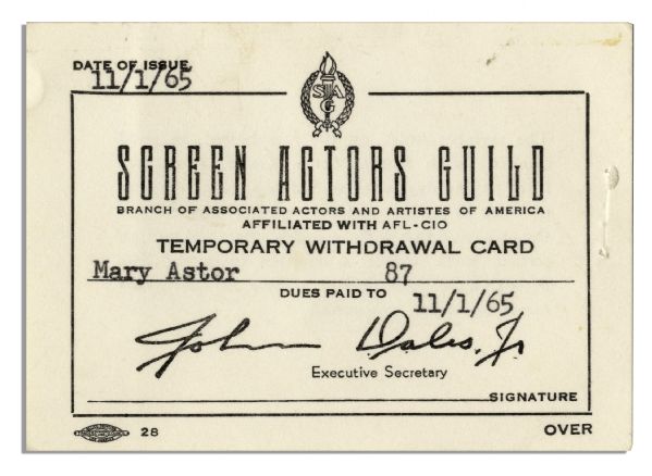 Mary Astors Screen Actors Guild Union Card, Given to Her Upon Her Retirement in 1965 