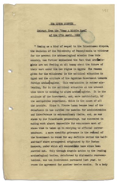 Fascinating Egyptology Document From 1924 -- ''...as a kind of sequel to the Tutankhamen dispute...Archaeologists are not feeling at all happy about...the attitude of the Egyptian Government...''