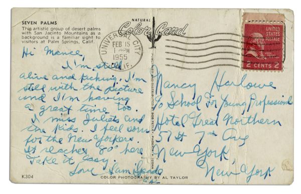 Sal Mineo Autograph Letter Signed on a Postcard in 1955 Just Before He Started Filming ''Rebel Without a Cause'' -- ''...I'm Still Alive And Kicking...''
