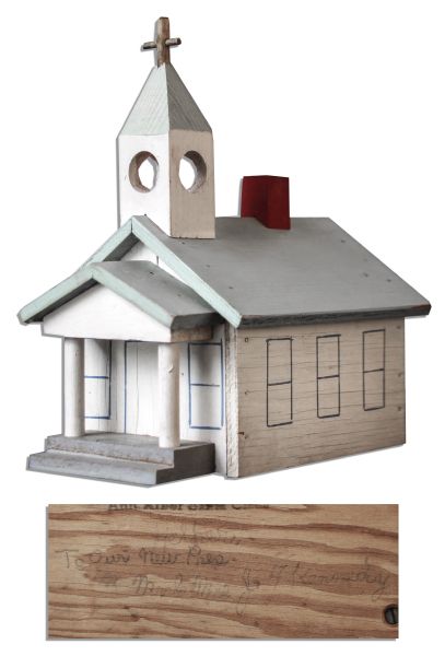 John F. Kennedy Owned Wooden Toy Church -- Together With a Christmas Card Received by JFK as President-Elect