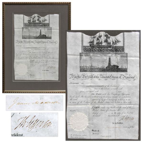 Thomas Jefferson Ship's Paper Signed as President -- Countersigned by James Madison as Secretary of State -- Rare
