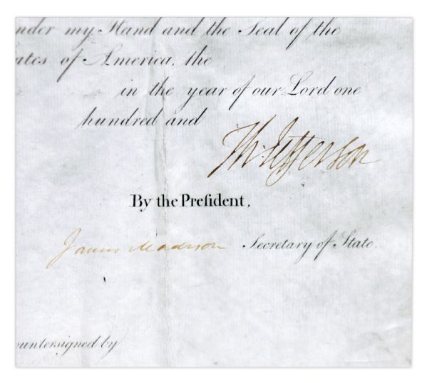 Thomas Jefferson Ship's Paper Signed as President -- Countersigned by James Madison as Secretary of State -- Rare