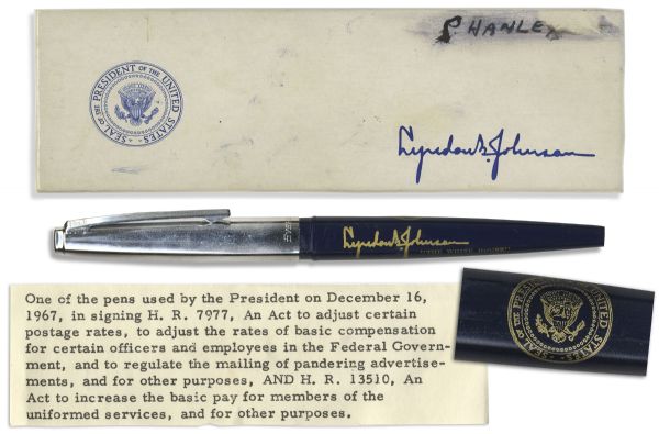 Lyndon Johnson Bill-Signing Pen Used as President -- To Sign Bill Which Increased Basic Pay For Members of the Military at the Height of the Vietnam War