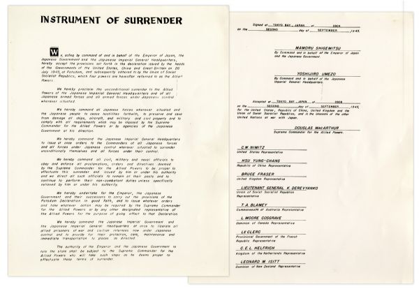 WWII Instrument of Surrender Ceremony Card -- From the Famous Ceremony Aboard The USS Missouri in 1945 -- Given to U.S. Commodore Jasper Acuff