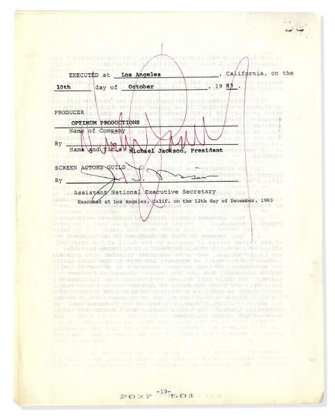 Michael Jackson Signed ''Thriller'' Contract  -- Large Red Signature -- With Verification from the U.S. Copyright Office
