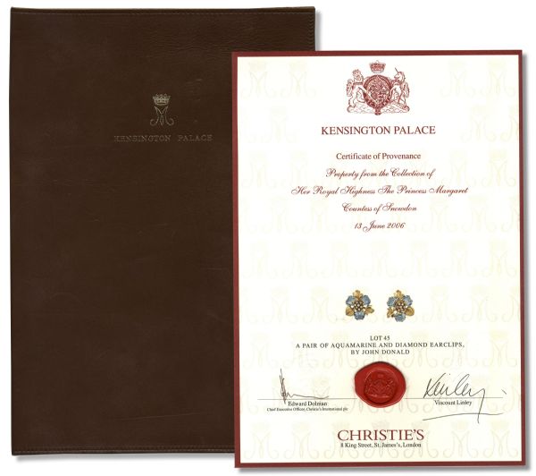 Princess Margaret Worn Diamond & Aquamarine 18K Gold Earclips -- With Leather Bound COA From Kensington Palace and Provenance from Her 2006 Christie's Estate Auction