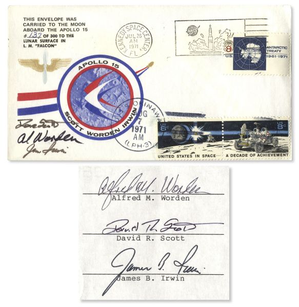 Apollo 15 Crew-Signed Postal Cover Flown to The Moon  -- Carried on the Surface of the Moon in Lunar Module ''Falcon'' -- With COA Also Signed by Astronauts