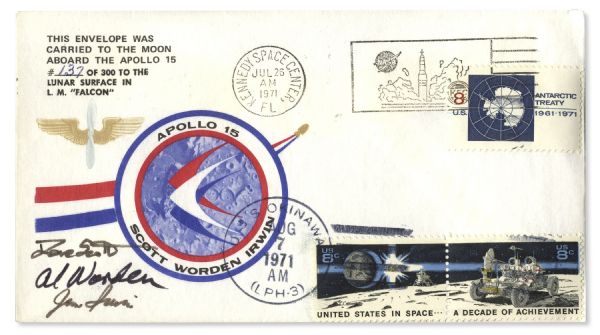 Apollo 15 Crew-Signed Postal Cover Flown to The Moon  -- Carried on the Surface of the Moon in Lunar Module ''Falcon'' -- With COA Also Signed by Astronauts