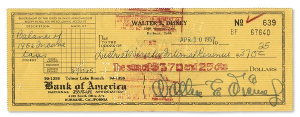 Walt Disney Signed Check -- Signed ''Walter E. Disney'' in Famed Disney Handwriting