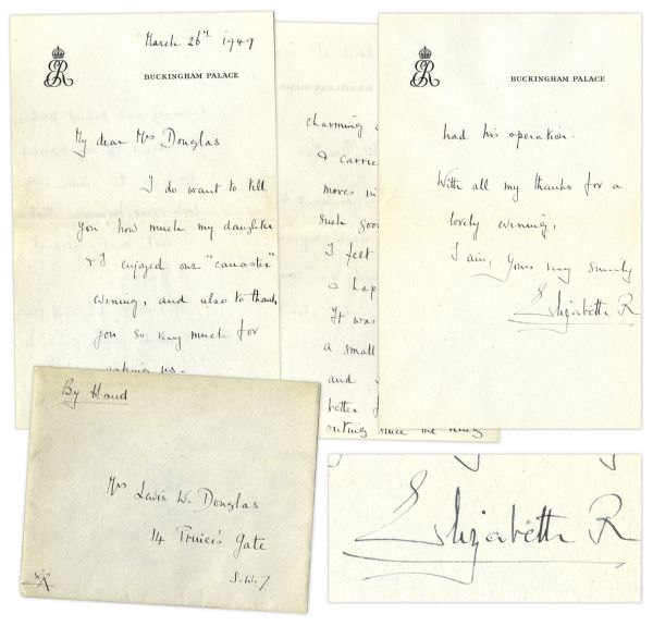 Queen Mother Autograph Letter Signed From Buckingham Palace in 1949 -- ''...I feel all the better for my first outing since the King had his operation...'' -- Also With Envelope Initialed by Her