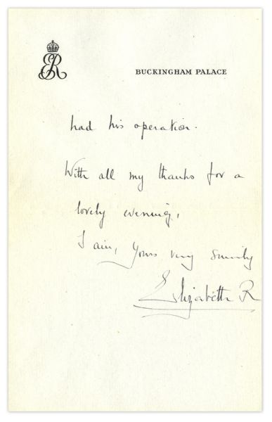 Queen Mother Autograph Letter Signed From Buckingham Palace in 1949 -- ''...I feel all the better for my first outing since the King had his operation...'' -- Also With Envelope Initialed by Her