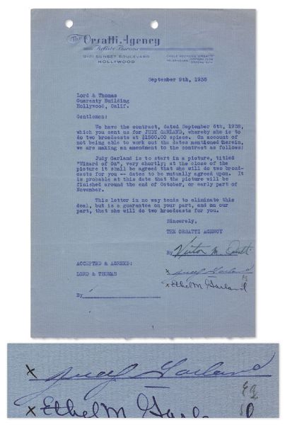 Judy Garland Contract Signed -- ''...Judy Garland is to start in a picture, titled 'Wizard of Oz'...'' -- Countersigned by Garland's Mother & Famed Talent Agent Victor Orsatti