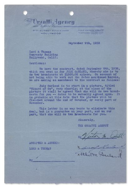 Judy Garland Contract Signed -- ''...Judy Garland is to start in a picture, titled 'Wizard of Oz'...'' -- Countersigned by Garland's Mother & Famed Talent Agent Victor Orsatti