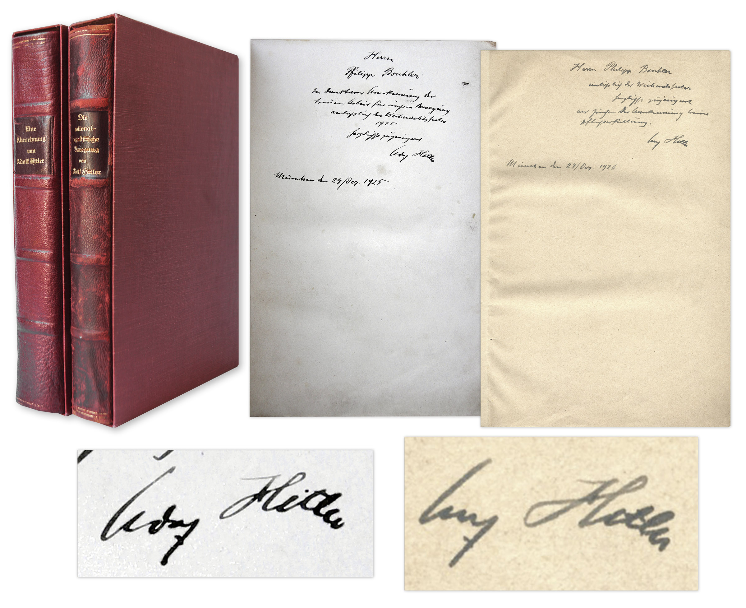 Adolf Hitler Autograph Adolf Hitler Signed First Editions of ''Mein Kampf'' -- Both Volumes Signed by Hitler in 1925 and 1926, Inscribed to Philipp Bouhler, Nazi #12 -- ''...your loyal work for our movement...''