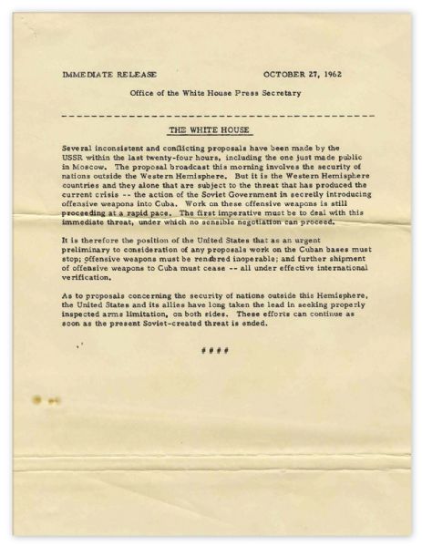 JFK Press Release on the Cuban Missile Crisis -- ''...the Soviet Government in secretly introducing offensive weapons into Cuba...''