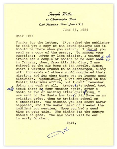 Joseph Heller Typed Letter Signed Regarding His Army Career -- ''The mission you ask about never happened''