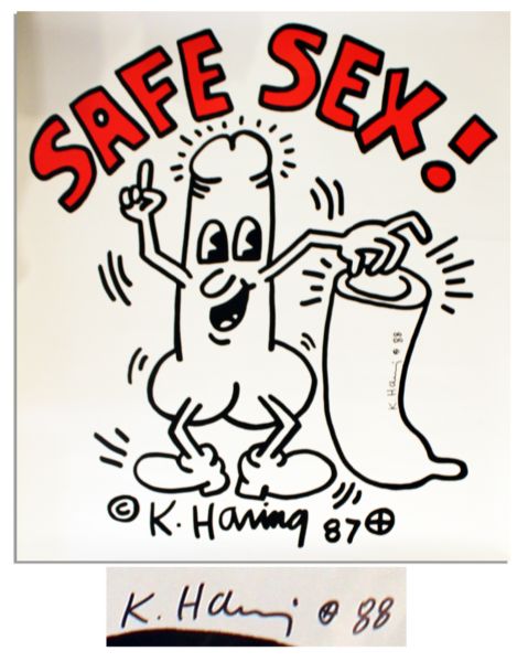 Keith Haring's Famous Illustration Promoting ''Safe Sex!'' Signed by the Artist -- Poster Measures 27.25'' x 29.5''