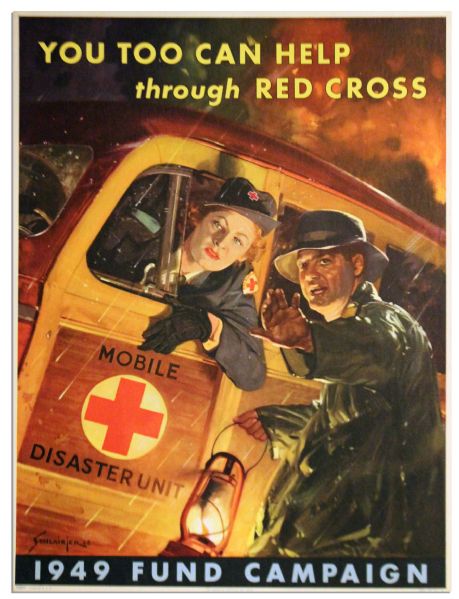 Dramatic 1949 Red Cross Poster -- ''You Too Can Help / Through Red Cross''