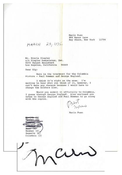 Mario Puzo Typed Letter Signed -- ''...Here is the treatment for the Columbia Picture -- Paul Newman...''