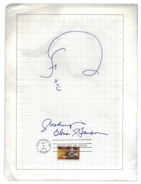 Gloria Swanson Signed & Hand-Drawn Self Portrait