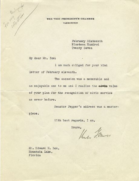 Vice President Charles Gates Dawes Letter Signed -- ''...I realize the value of your plan for the recognition of civic service as never before...'' -- 1927