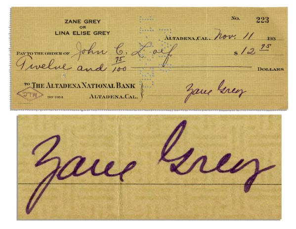 Zane Grey 1930 Handwritten Check Signed -- Prolific Author of Popular Western Novels