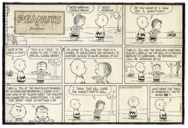 Charles Schulz Hand-Drawn ''Peanuts'' Sunday Strip Featuring Charlie Brown & Linus With Biblical Content -- 1964