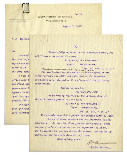 Letter Regarding the Pardons for Lincoln Assassination Conspirators Dr. Mudd, Edmund Spangler and Samuel Arnold