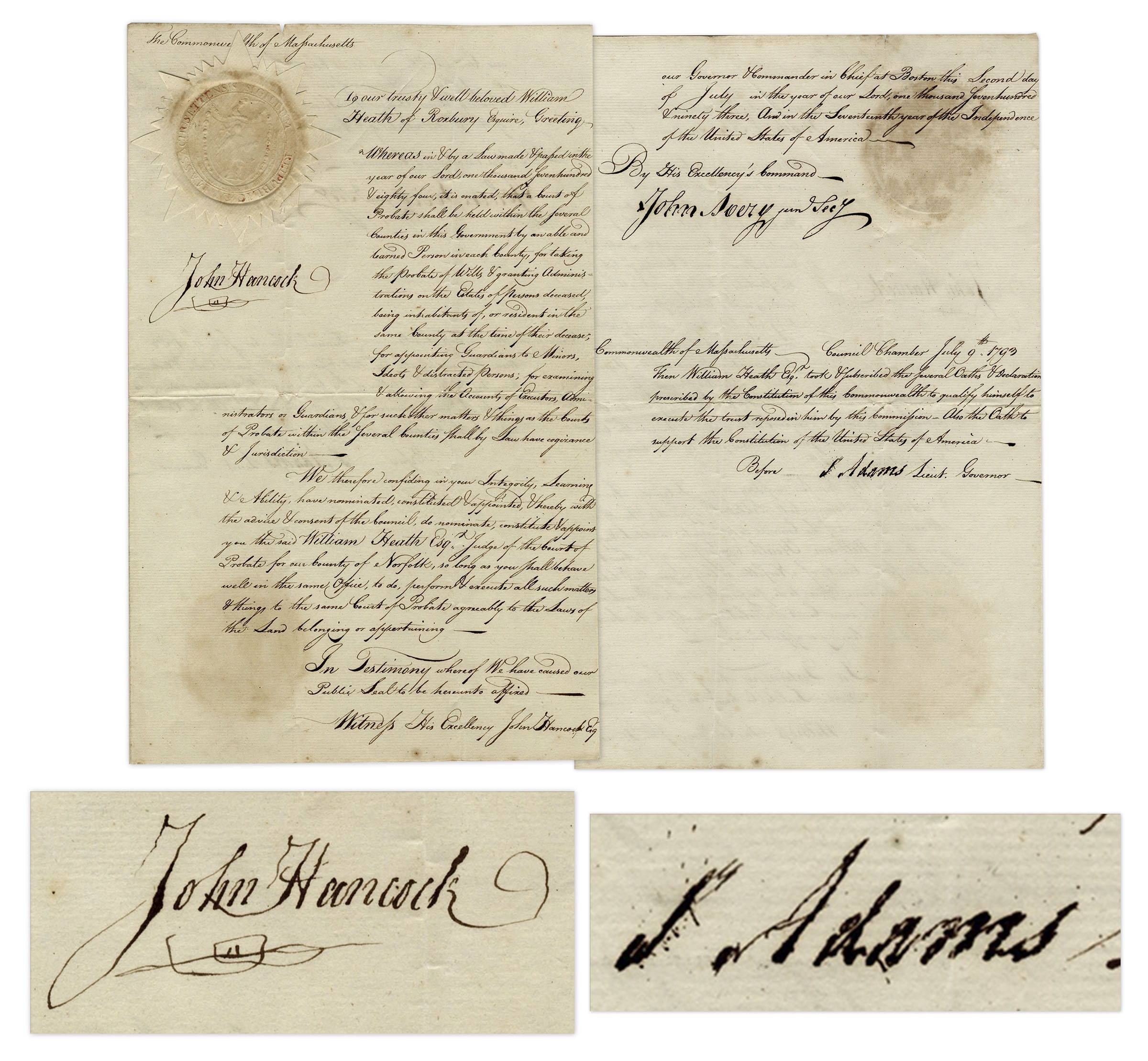 John Hancock Autograph John Hancock & Samuel Adams Signed Judicial Appointment From 1793