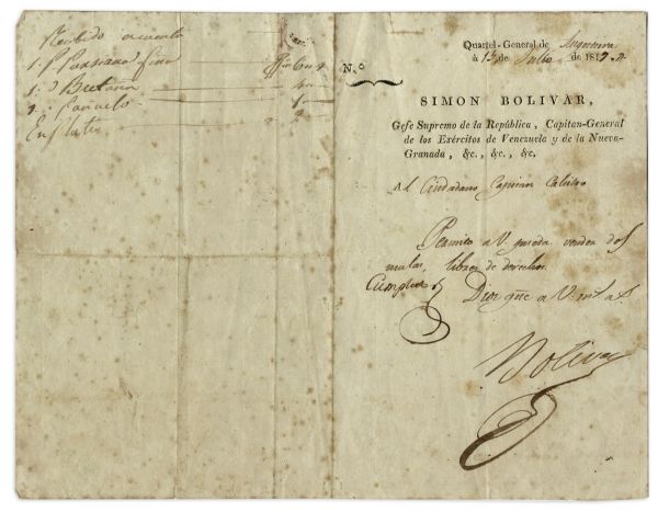 Simon Bolivar Document Signed as ''Supreme Chief of the Republic'' -- Large Signature