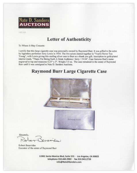 Raymond Burr Cigarette Case Gifted to Him by Jerry Lewis -- Given to Burr on the Set of the 1955 Film ''You're Never Too Young''