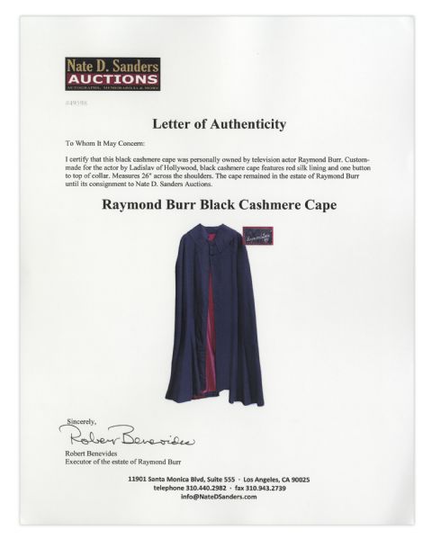 Raymond Burr Personally Owned Custom-Designed Cashmere Cape