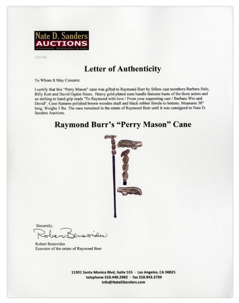 Raymond Burr's ''Perry Mason'' Cane -- Gifted by Cast Members Barbara Hale, Billy Katt and David Ogden Stiers