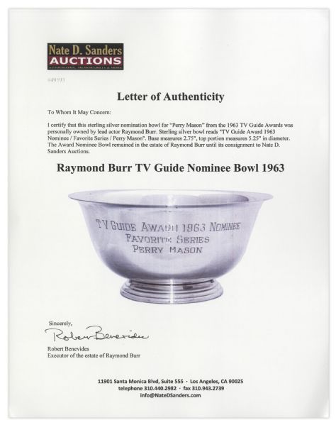 ''Perry Mason'' TV Guide Award Nomination Bowl From 1963 -- Personally Owned by Raymond Burr