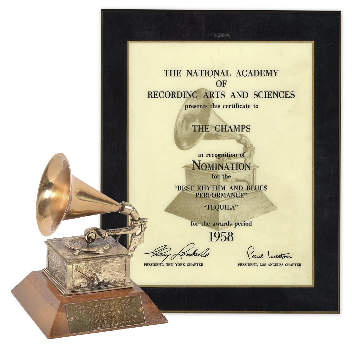 Grammy Auction First-Ever Grammy Award From 1958 -- Won by The Champs for Best R&B Performance for the Classic Song ''Tequila'' -- Only 28 Were Awarded