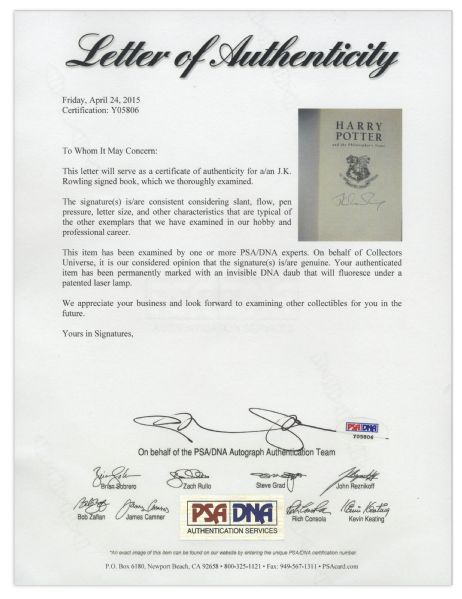 J.K. Rowling Signed Copy of ''Harry Potter and the Philosopher's Stone'' -- Signed in 2002 -- With PSA/DNA COA