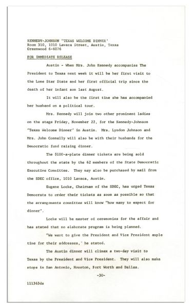 John F. Kennedy Press Kit -- Welcoming Him to Texas the Night of His Assassination