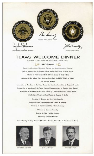 Program for the JFK Texas Welcome Dinner -- Scheduled for the Night of 22 November 1963