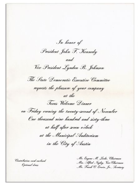Invitation to Dinner Welcoming JFK to Texas the Night of His Assassination