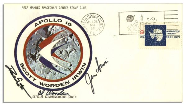 Apollo 15 Crew-Signed & NASA-Issued Astronaut Insurance Cover -- Cancelled 26 July 1971 -- 6.5'' x 3.75'' -- Near Fine -- With COA From Worden