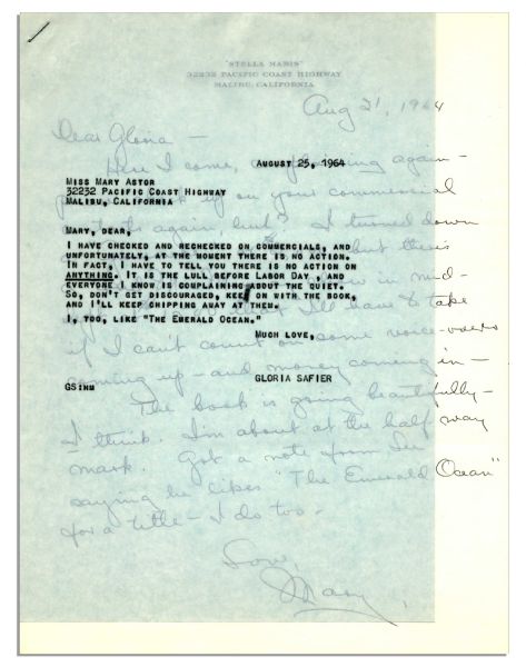 Mary Astor Letter Signed -- ''...I turned down a 'Gunsmoke' at $2,000, but there's a Fred MacMurray show in mid-Sept at $1500 that I'll have to take if I can't count on some voice-overs...''