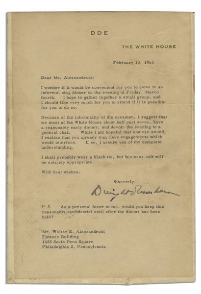 Dwight Eisenhower Typed Letter Signed as President -- Eisenhower Invites a Friend to a ''Stag Dinner'' & Requests It Be Kept ''Confidential''