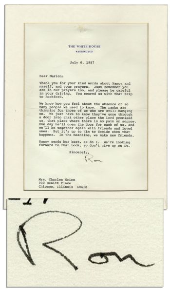 Ronald Reagan Memorabilia Auction President Ronald Reagan 1987 Letter Signed With Personal, Religious Content -- ''We just have to know they've gone through a door into that other place the Lord promised us...''